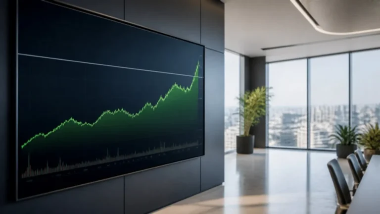 Wall display in an office showing a long-term stock chart rising to new highs