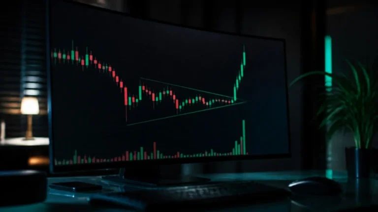 Trading monitor showing a triangle pattern breaking out with a volume spike