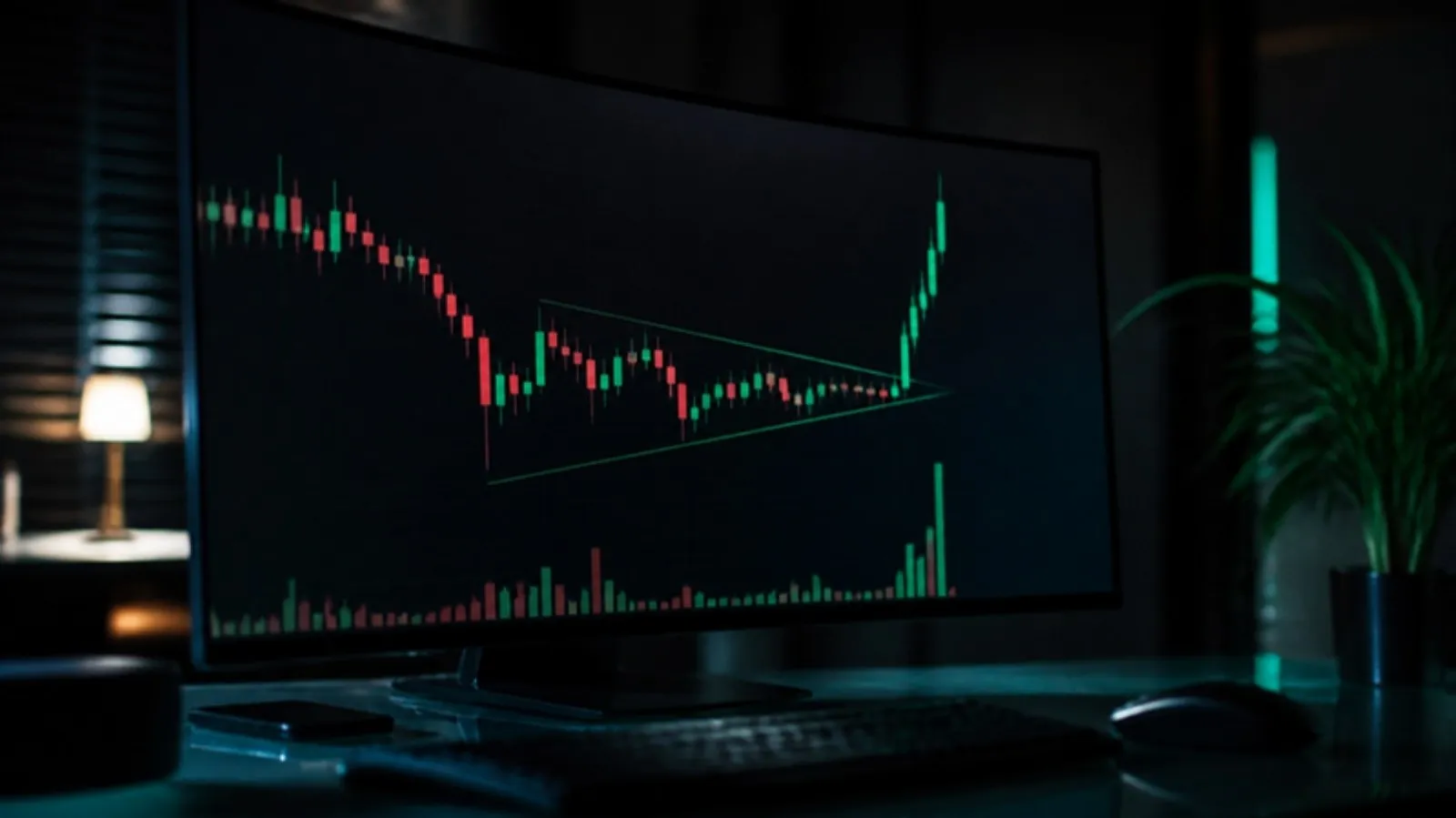 Trading monitor showing a triangle pattern breaking out with a volume spike