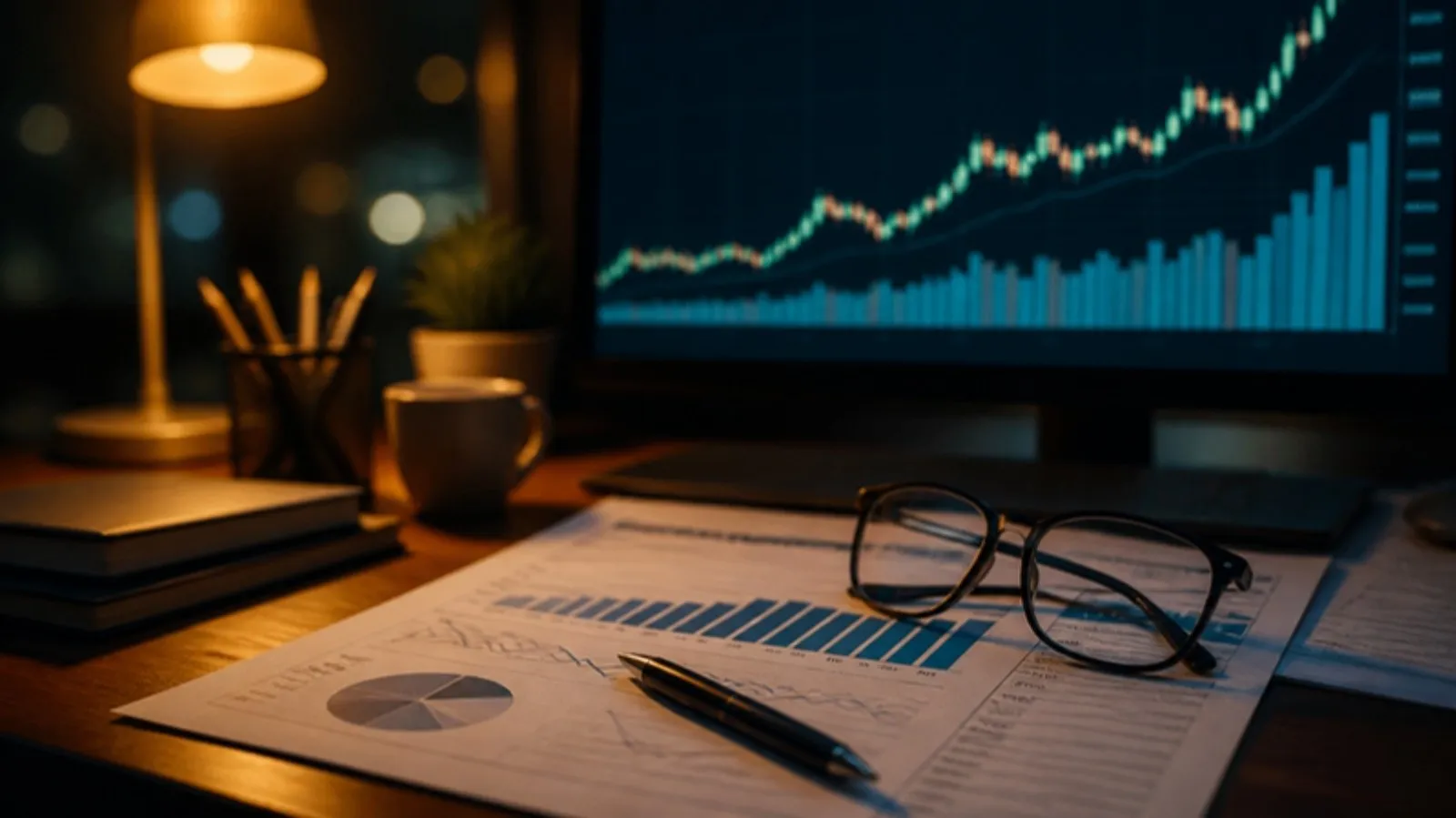 Quarterly earnings report with reading glasses in front of a stock chart breaking out