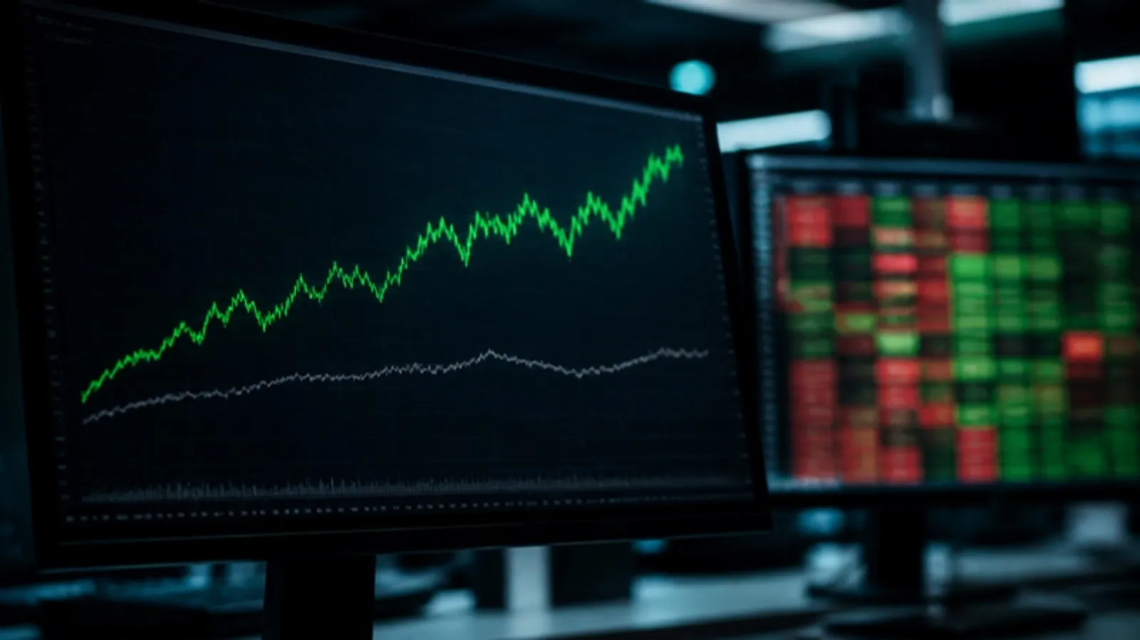 Chart comparing a stock line rising well above a flatter benchmark index line