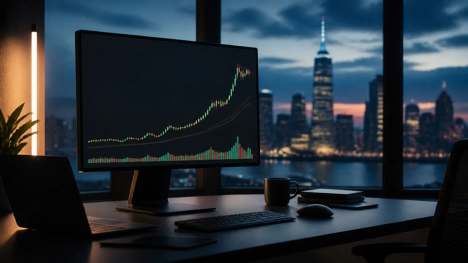 Trading workstation overlooking a city skyline, monitor showing a sharp rally and tight consolidation
