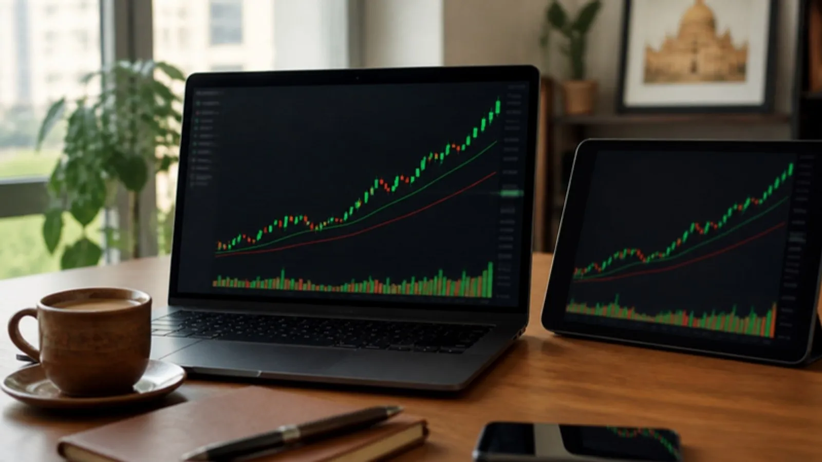 Laptop and tablet showing a stock trending above its moving averages, with a cup of chai on the desk