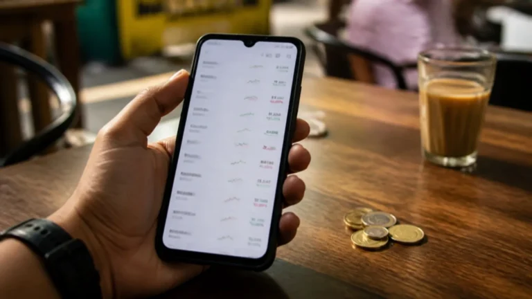 Hand holding a phone with a stock watchlist in a cafe, with rupee coins on the table