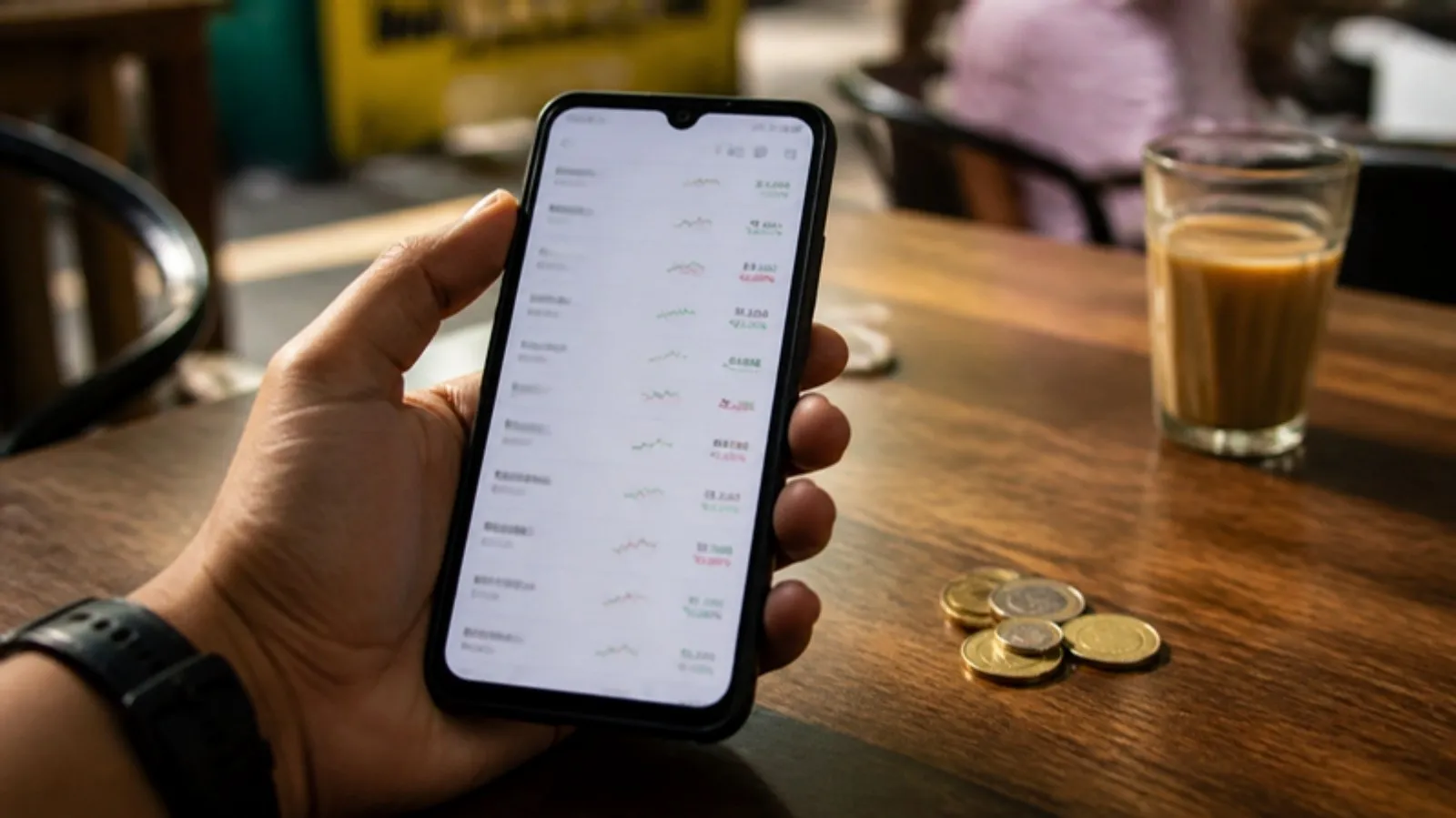 Hand holding a phone with a stock watchlist in a cafe, with rupee coins on the table