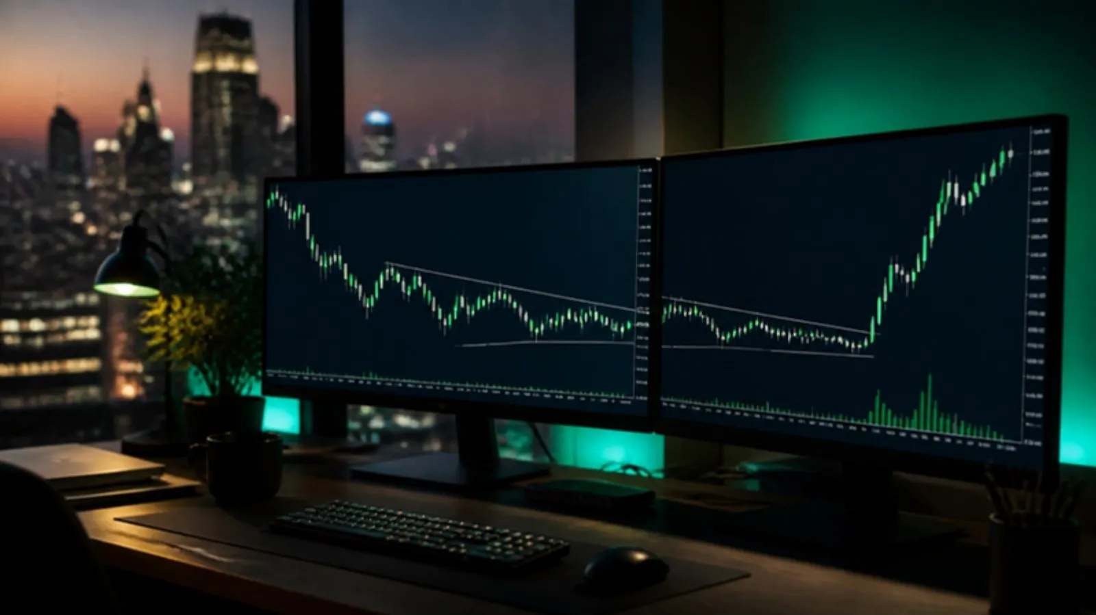 Trading desk at dusk with two monitors showing a stock chart tightening before a breakout
