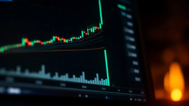 Trading screen with one very tall volume bar under a sharp price rise